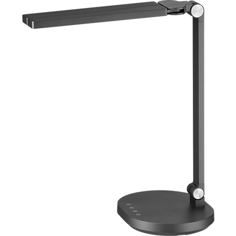 Schwarze Schreibtischlampe mit rundem Sockel, LED-Leiste und verstellbarem Arm.