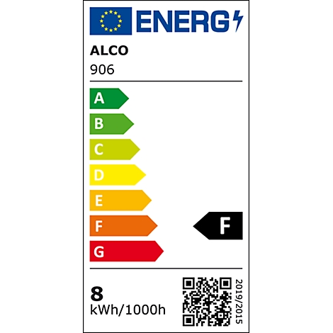 Energielabel mit den Buchstaben A bis G, F markiert. Unten rechts QR-Code, daneben 2019/2015. Unten links: 8 kWh/1000h.