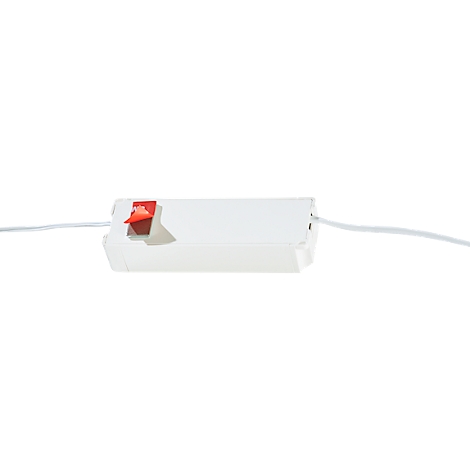 Close-up of a white, rectangular power switch with a red switch, connected to two white cables.