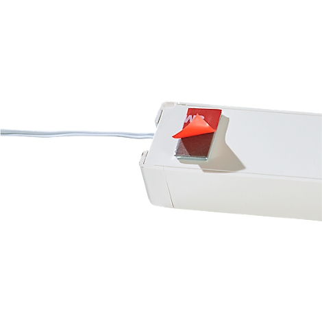 White, elongated housing with a detached, red adhesive strip. A light cable protrudes.