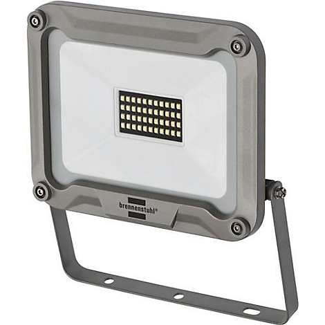 Grijze LED-schijnwerper, rechthoekig, met standaard en merklogo.