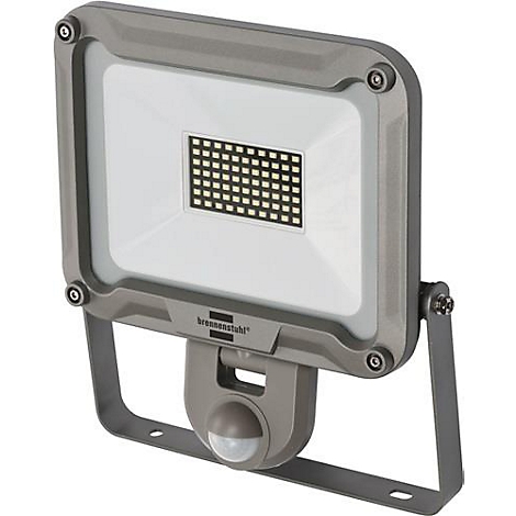 Grijze LED-schijnwerper met bewegingsmelder, vierkant lichtoppervlak en zichtbaar logo.