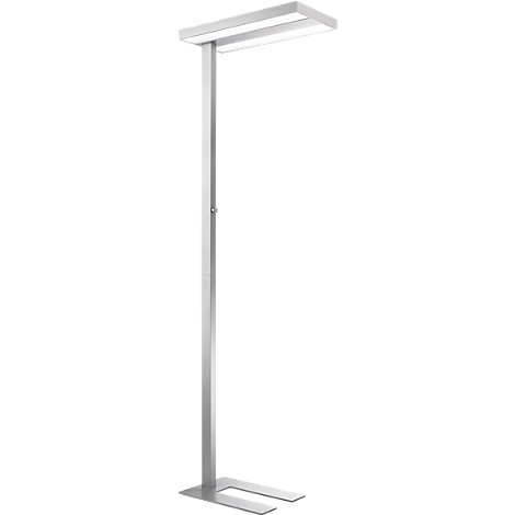 Metalen vloerlamp. Rechthoekige lampkop met twee lichtbanden. Rechte, slanke standaard. Vierkante voet met U-vormige uitsparing.