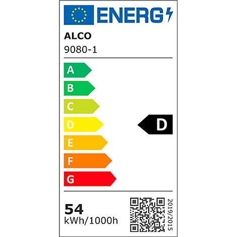 Energielabel met informatie over energie-efficiëntieklasse D. ALCO 9080-1, 54 kWh/1000h. QR-code en fabricagedatum.