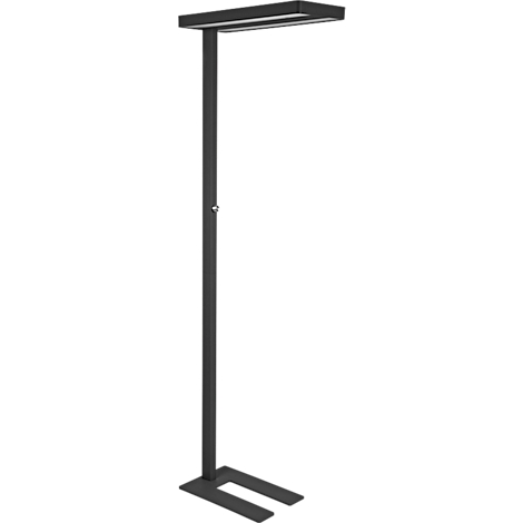 Metalen staande lamp. De lampenkap is rechthoekig, de standaard recht. Op een witte achtergrond.