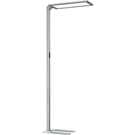 Eine schlanke, silberne Stehlampe mit rechteckigem Leuchtkopf. Ein schwarzer Schalter ist am Lampenmast angebracht. Die Lampe steht auf einem stabilen Fuß.
