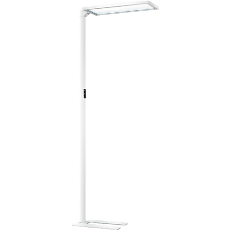 Eine schlanke weiße Stehlampe mit rechteckigem Leuchtkörper.