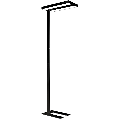 Schwarze Stehlampe mit rechteckigem Kopf und Standfuß. Leuchtmittel sind in der Oberseite integriert.