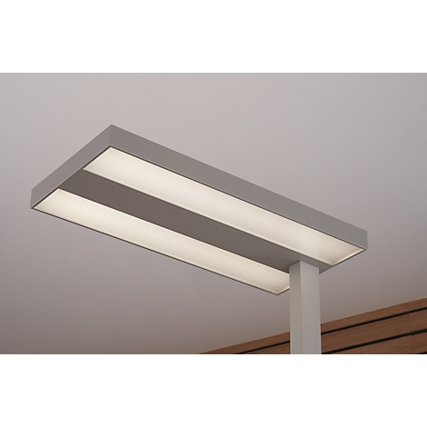 Graue Deckenleuchte mit zwei Lichtstreifen. Sie ist an einem weißen Pfosten befestigt.