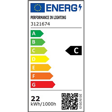 Energielabel mit den Buchstaben A bis G, Kategorie C, 22 kWh/1000h.