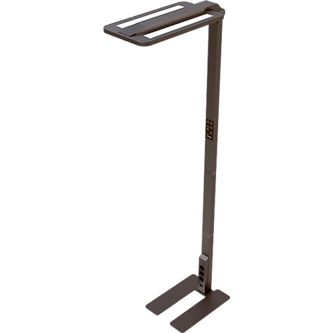 Eine schlanke, grau-braune LED-Schreibtischlampe. Der Kopf hat zwei Lichtleisten, der schlanke Arm hat einen Bedienbereich.