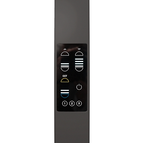 Schwarzes Bedienfeld mit Symbolen und Tasten. Darunter die Ziffern 1, 2 und 3.