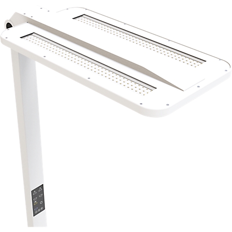 Eine weiße LED-Schreibtischlampe, die von unten nach oben gezeigt wird, mit einem schwenkbaren Lampenkopf und Bedienelementen am Ständer.