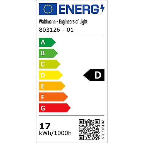 Energielabel mit der Energieeffizienzklasse D. Aufschrift: Waldmann - Engineers of Light, 803126 - 01 und 17 kWh/1000h.