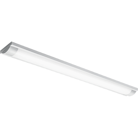 Long, white fluorescent tube with silver ends. The lamp is placed at a slight angle against a white background.