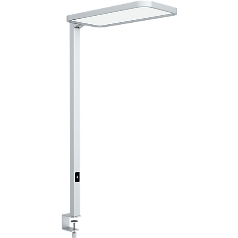 A white rectangular LED desk lamp with a clamp base.