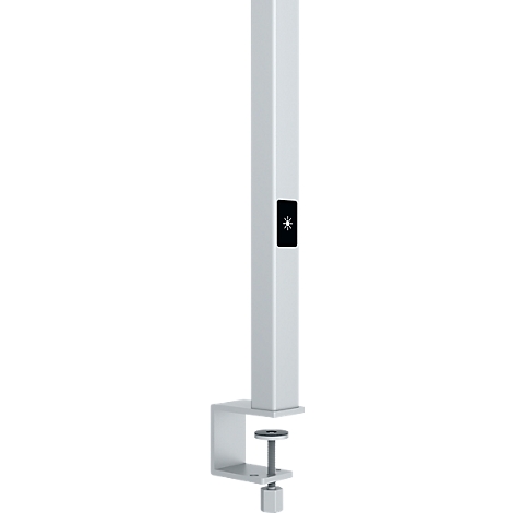 Gray, square monitor arm, with clamp and adjustment screw.