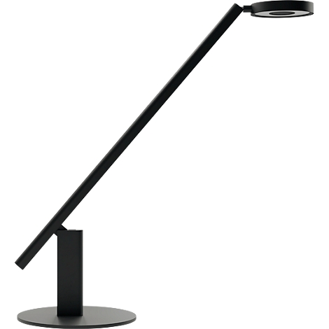 Black desk lamp with a round light head. The long, thin arm is angled upwards.