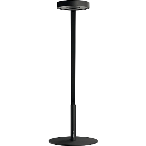 A black standing lamp with a round base, a long shaft, and a round light fixture.