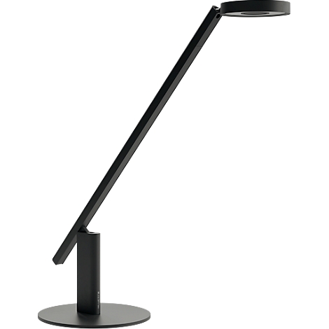 Black desk lamp with a round lamp head, angled arm and round base.