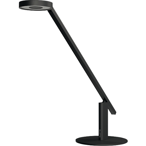 Black desk lamp with a round light head and a slender arm on a round base.