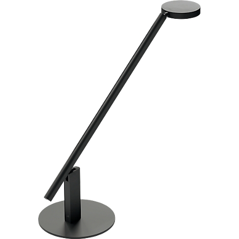 Black desk lamp, consisting of round base, narrow arm and round lampshade.