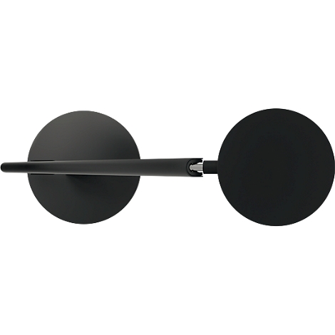 Black wall lamp with two circular lights and a straight arm.