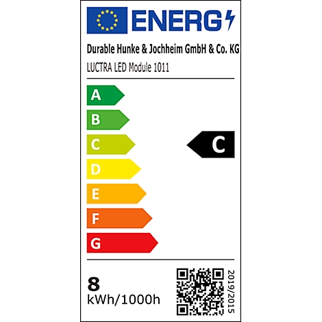 Energy label for an LED module, with energy efficiency class C. The value is 8 kWh/1000h.
