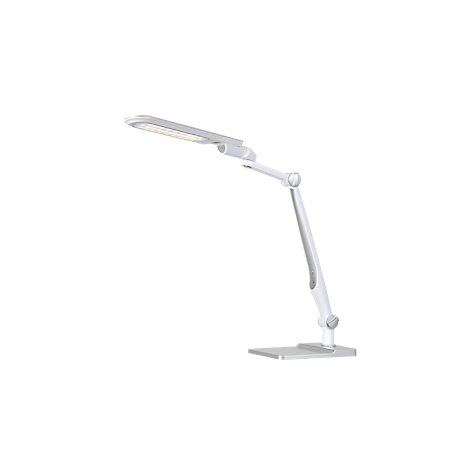 White desk lamp against a white background. The lamp head is rectangular, the arm is adjustable in several places. The lamp is illuminated.