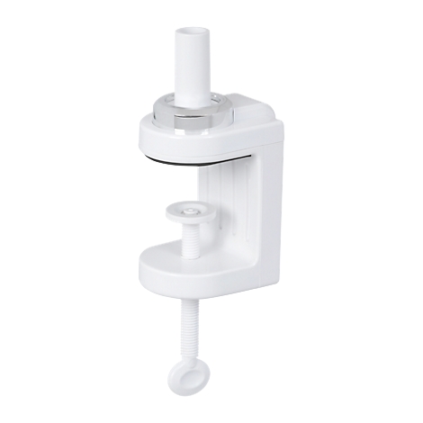 White product: desk clamp with vertical cylinder, screw mechanism, and round base.