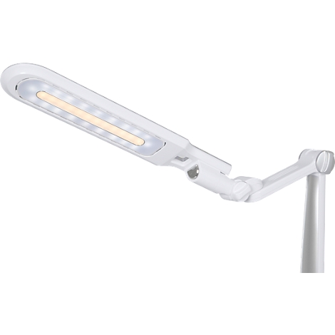 White LED desk lamp, illuminated. It is attached to a pole via a movable arm.