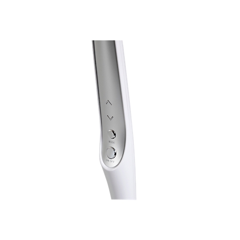 White, slender device with a silver strip and three buttons. Arrow up and down on top. A small circle at the bottom.