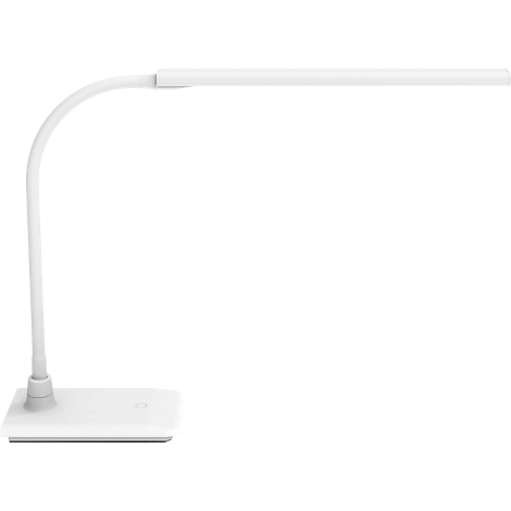 Witte bureaulamp met een flexibele arm en een rechthoekige voet, tegen een witte achtergrond.