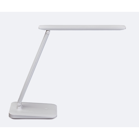 Close-up van een grijze LED-lamp met oplichtende LED's. De lampkop is verbonden met een scharnier.