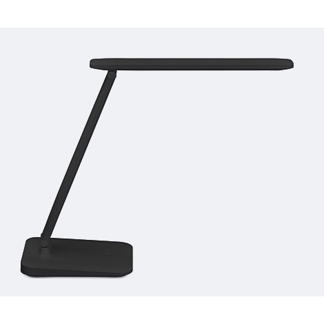 Zwarte LED bureaulamp, afmetingen: 29,1 cm x 34 cm. Hoekindicaties: 90° en 180°.