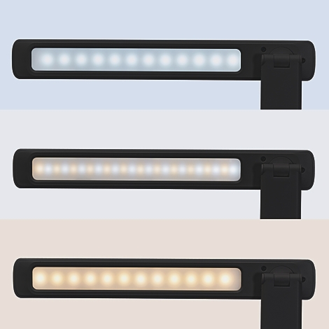 Close-up van een zwarte LED bureaulamp met heldere LED's. Het licht is aan, het frame is aangegeven.