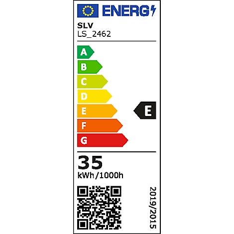 Energielabel met energie-efficiëntieklasse E. Bevat informatie over verbruik en QR-code.