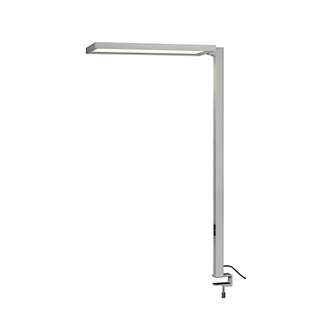 Bureaulamp van metaal, lichtgrijs, rechthoekige lichtkop met lichtgevend licht. Klemvoet voor bevestiging.