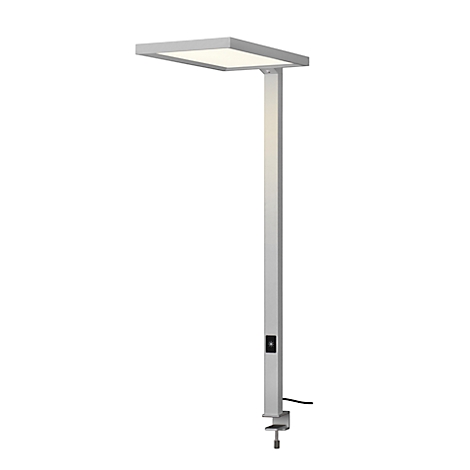 Zilveren bureaulamp, rechthoekige lichtkop, lange steel met schakelaar, bevestigd aan een klem, tegen een witte achtergrond.