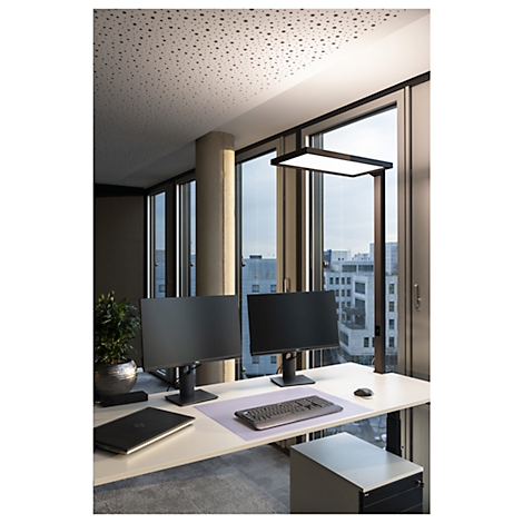 Bureau met twee monitoren, toetsenbord en bureaulamp. Grote ramen met uitzicht op de stad.