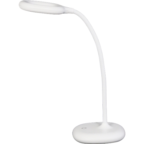 Eine weiße, moderne Schreibtischlampe. Der Lampenkopf ist oval. Der schmale, flexible Arm verbindet ihn mit einem runden Fuß.