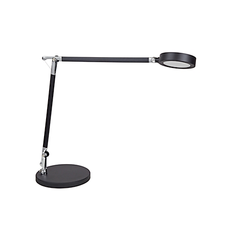 Moderne, schwarze Schreibtischlampe mit rundem Lampenkopf und Standfuß. Der Arm ist beweglich. Der Hintergrund ist weiß.