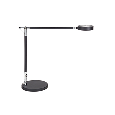 Dunkelgraue Schreibtischlampe mit rundem Fuß und Leuchtenkopf, auf weißem Hintergrund. Der Leuchtkopf ist rund und schwenkbar.