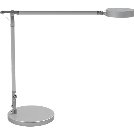 Eine graue Schreibtischlampe mit rundem Fuß und Leuchtkopf. Der Arm ist verstellbar. 
