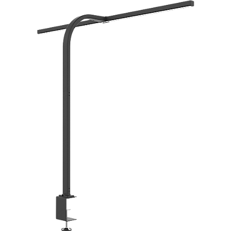 Schwarze Schreibtischlampe mit Klemme, gebogenem Arm und länglicher Leuchte.