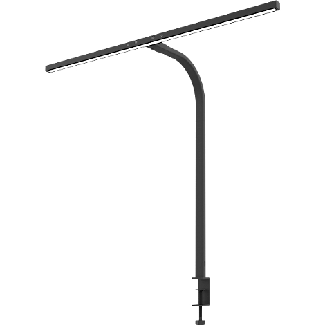 Schwarze Klemmlampe mit rechteckigem Leuchtkörper. Der gebogene Arm und das Gestell sind ebenfalls schwarz.