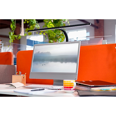 Schreibtisch mit Bildschirm, Tastatur, Tasse und Dokumenten. Darüber hängt eine Lampe. Im Hintergrund ist Grünpflanze.