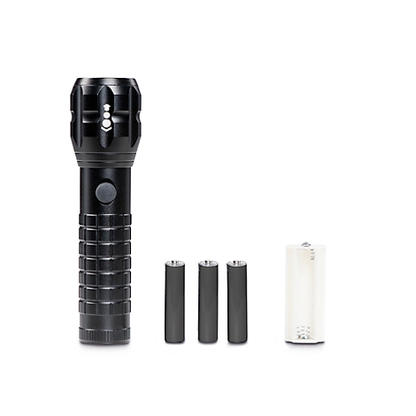 Black flashlight with three AA batteries and one large battery on white background.