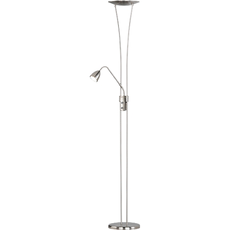 Silver floor lamp with two lights: a large upper one and a small flexible reading lamp. Both are attached to a slender, metallic frame.