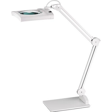 Witte vergrootlamp met verstelbare armen en een rechthoekige basis.